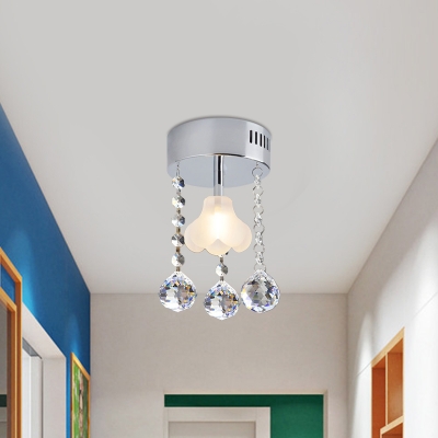 Floral Close to Ceiling Lamp Minimalism White Glass 1 Head Doorway Semi Flush with Dangling Crystal in Chrome