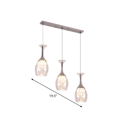 Glass-Shape Restaurant Multi Pendant Clear Glass LED Simple Drop Lamp with Crystal Droplet in Silver, Warm/White Light