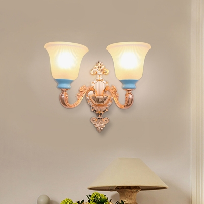 Gold 1/2-Light Wall Mounted Light Traditional Frosted Ribbed Glass Bell Wall Sconce Lighting with Carved Backplate