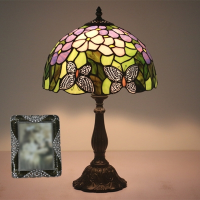 Green 1 Light Table Light Victorian Hand Cut Glass Dome Task Lamp with Floral and Butterfly Pattern
