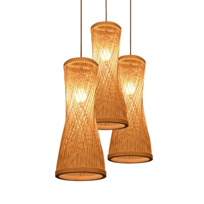 Hourglass Bamboo Ceiling Hang Fixture Asia Style 3 Lights Beige Multiple Lamp Pendant