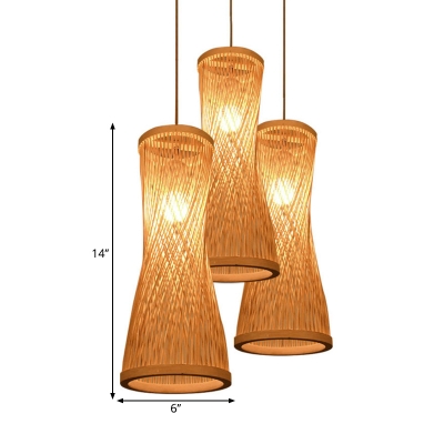 Hourglass Bamboo Ceiling Hang Fixture Asia Style 3 Lights Beige Multiple Lamp Pendant