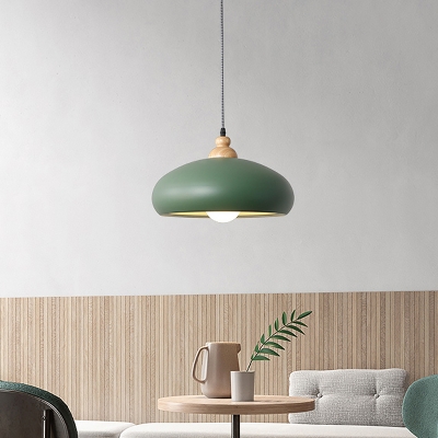 Macaron Dome Shade Drop Pendant Metal Single-Bulb Dining Room Hanging Light in Pink/Grey/Green with Wood Top