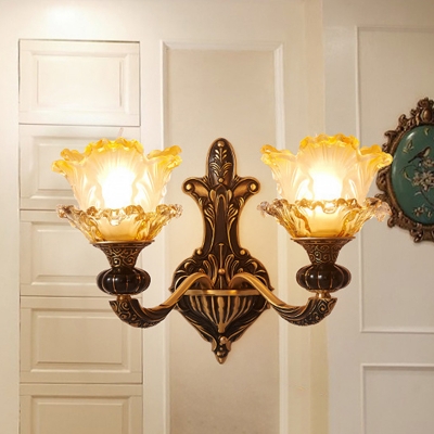 Metal Curved Arm Wall Lamp Traditional 1/2 Bulbs Living Room Wall Sconce Lighting in Brass with Flower Glass Shade