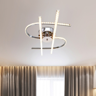 Modern Dollar Shaped Semi Flush Metal LED Flush Mount Lamp in Stainless-Steel with Crystal Accent, Warm/White Light
