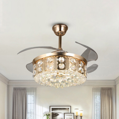 Modern Drum Fan Light Kit Faceted Crystal 4-Blade LED Bedroom Semi Flush Mount Ceiling Fixture in Gold, 19