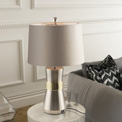 Modernist Drum Night Lighting Fabric 1 Bulb Sleeping Room Table Lamp with Hourglass-Like Base in Nickel
