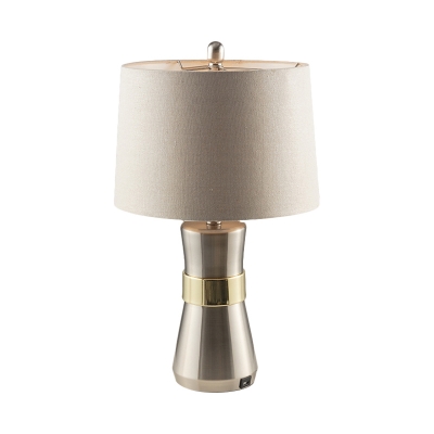 Modernist Drum Night Lighting Fabric 1 Bulb Sleeping Room Table Lamp with Hourglass-Like Base in Nickel