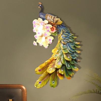 Peacock Resin Sconce Light Fixture Country 2-Light Corridor Right/Left Wall Lamp in White/Green/Gold with Crystal Bead Design