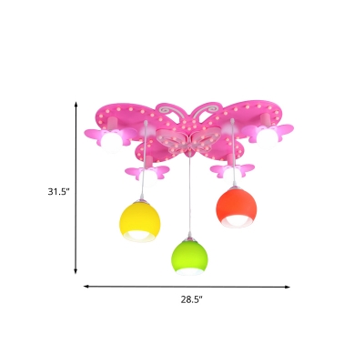 Pink Butterfly Flush Chandelier Kids 7 Lights Acrylic Ceiling Mount Lighting with Suspended Dome Colored Glass Shade