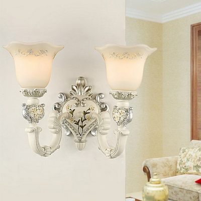 Resin Carved Wall Light Sconce Rustic 1/2 Lights Living Room Wall Mounted Lighting in White