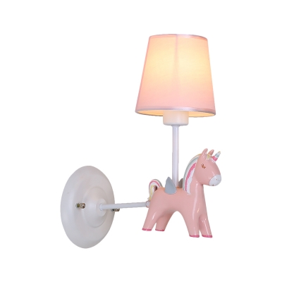 Simple 1 Head Wall Sconce Lighting Pink/Blue Finish Conical Unicorn Wall Light Fixture with Fabric Shade