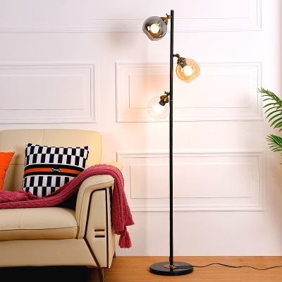 Simple 3 Bulbs Tree Floor Lamp Black Global Stand Up Light with Multicolored Glass Shade
