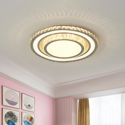 Simple Round Flush Ceiling Light Clear Crystal Living Room LED Flushmount Lighting in White, 14