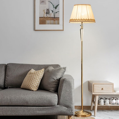 Single Standing Light Minimalist Living Room Floor Lamp with Barrel Beige Fabric Shade in Gold