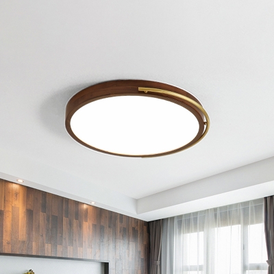Walnut Wood Round Flush Mount Lamp Minimalism Brown LED Close to Ceiling Light with Grip, 13