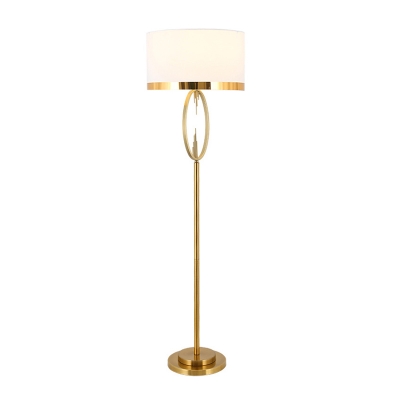 1 Head Floor Reading Light Rural Drum Fabric Standing Lighting in Brass with Metal Oval Frame