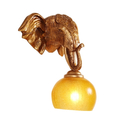 1 Light Surface Wall Sconce Classic Elephant Resin Wall Lighting Fixture in Gold with Globe Crackle Frosted Glass Shade