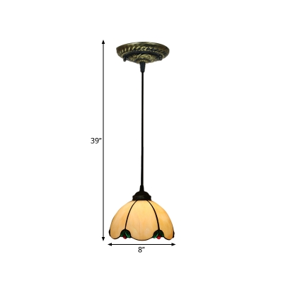 1 Light Suspension Lamp Mediterranean Domed White Glass Pendant Ceiling Light for Dining Room
