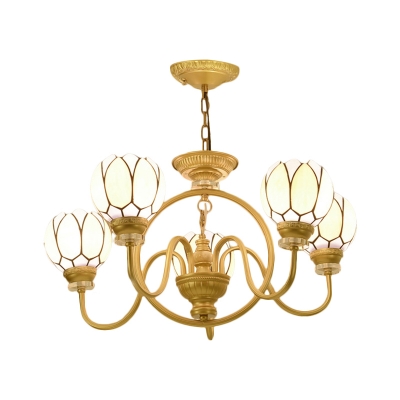3/5-Light Blossom Hanging Chandelier Baroque Gold Hand Cut Glass Ceiling Suspension Lamp with Swooping Arm