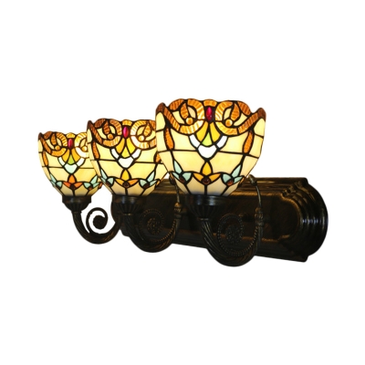 3 Heads Sconce Mediterranean Bowl Stained Glass Wall Lighting Fixture in Brass with Petal Pattern
