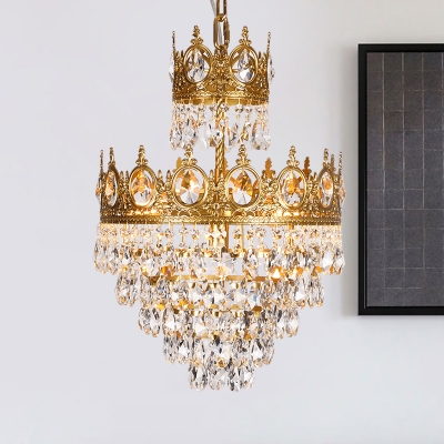3-Light Pendulum Light Modernist Crown Shape Crystal Ball Chandelier Pendant Lamp in Gold