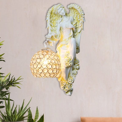 Angel Corridor Wall Sconce Lighting Rural Resin 1 Light White/Dark Gold Wall Lamp with Orb Crystal Embedded Shade, Right/Left