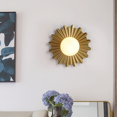 Ball Bedside Surface Wall Sconce Opal Glass 1 Bulb Modern Wall Mount Lamp Pleated Circular Backplate in Gold