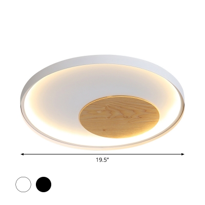 Black/White Circle Flush Mount Fixture Simple Metal LED Ceiling Light with Wood Decoration, 12