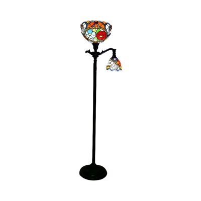 Bowl Floor Lamp 2 Lights Stained Glass Tiffany Style Standing Floor Lighting in Black with Floral Pattern