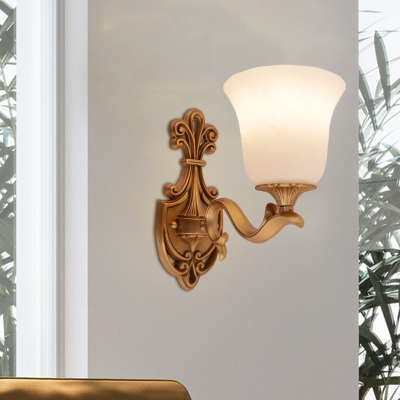 Brass Finish Bell Wall Mounted Lamp Classic Frosted Glass 1-Bulb Living Room Sconce Light Fixture with Carved Backplate