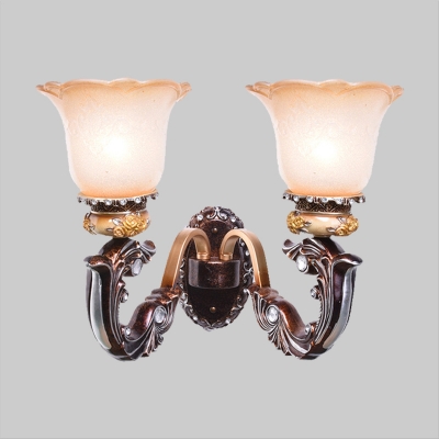 Brown 1/2 Lights Wall Mount Light Countryside White Glass Scalloped Wall Lighting Fixture