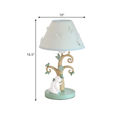 Cartoon 1-Light Nightstand Lamp Blue Rabbit Under The Tree Table Light with Tapered Fabric Shade