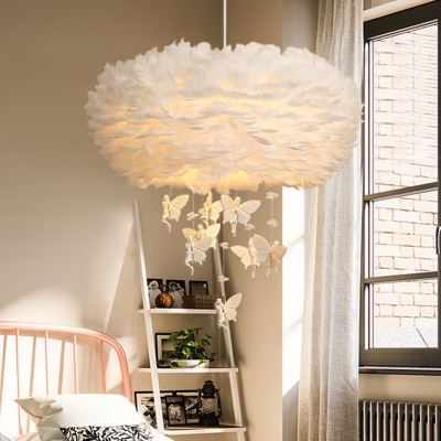 Cartoon 2 Heads Chandelier Lamp White Round Elf Hanging Light Fixture with Feather Shade