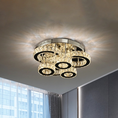 Chrome Circle Semi Mount Lighting Modern Faceted Crystal LED Close to Ceiling Light in Warm/White Light