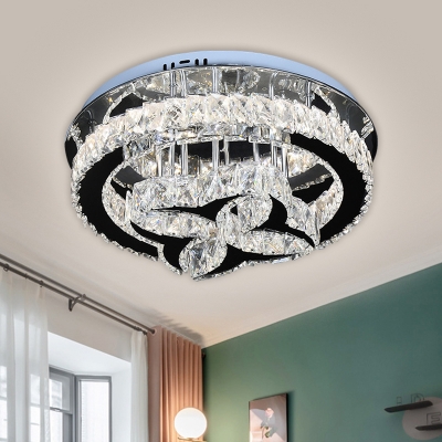 Clover Sitting Room Ceiling Lamp Clear Hand-Cut Crystal LED Simple Semi Flush Light Fixture in Black