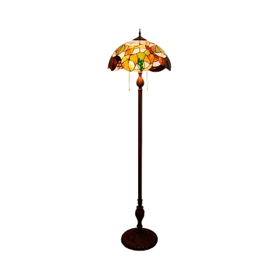 Copper Domed Floor Standing Lamp Tiffany 3 Bulbs Hand Cut Glass Reading Floor Lighting with Leaf and Fruit Pattern