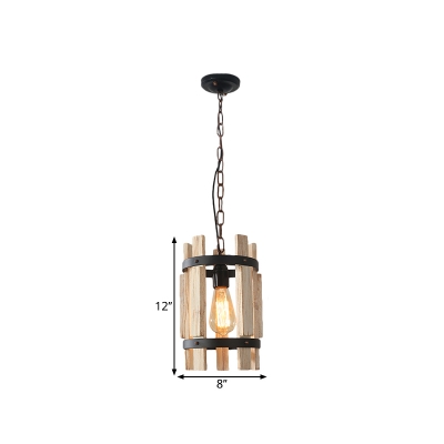 Cylinder Wood Hanging Light Fixture Factory 1 Head Dining Room Pendant Lighting in Beige/Brown with Metal Ring