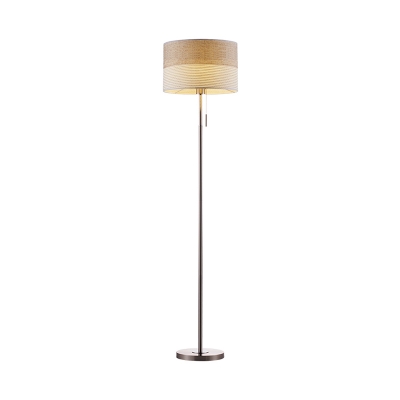 Fabric Drum Standing Lamp Contemporary 1-Head Floor Reading Lighting with Pull Chain in Beige