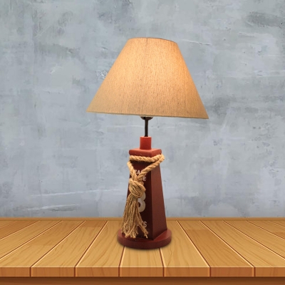 Fabric Flared Nightstand Light Mediterranean 1 Bulb Table Lamp with Buoy Base and Rope Deco in Red/White