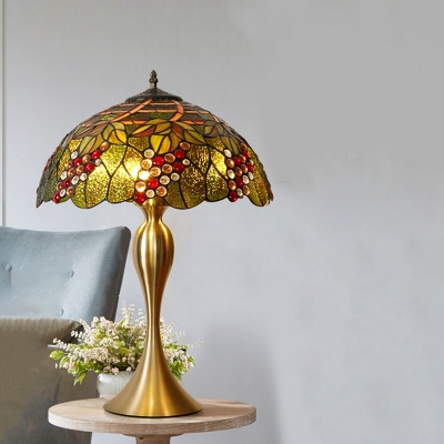 Flower and Beaded Night Table Lighting 1-Head Stained Glass Tiffany Pull Chain Nightstand Lamp in Brass