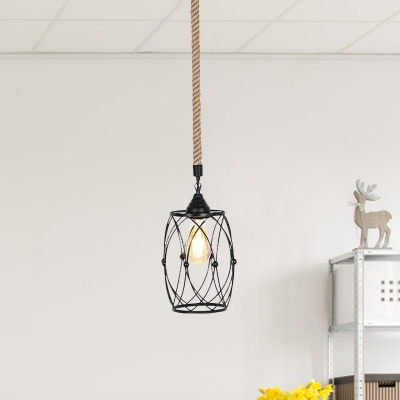 Iron Black Pendant Lighting Fixture Cylinder Cage 1 Light Farmhouse Hanging Lamp Kit for Dining Room