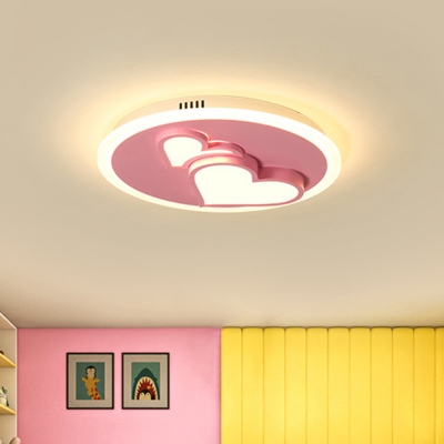 Loving Heart Patterned Disc Flush Light Macaron Iron Bedroom LED Ceiling Mount Lamp in Pink