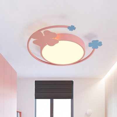 Macaron Rounded Thin Ceiling Lamp Acrylic Girl's Bedroom LED Flush Mount Light in Pink with Clover Decor, Warm/White Light