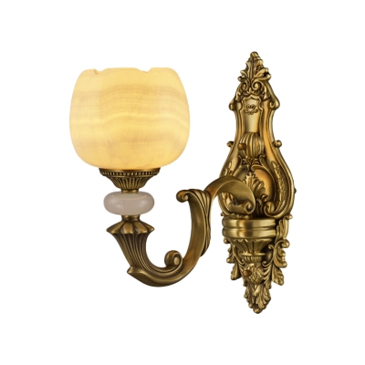 Marble Brass Wall Lighting Floral 1 Light Countryside Wall Sconce Light with Metal Carved Backplate