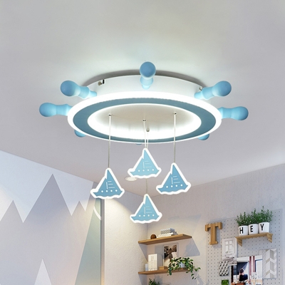 Marine Rudder Kids Room Ceiling Light Iron 4 Bulbs Nautical Flush Mount Fixture with Suspended Sail Ship in Sky Blue