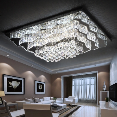 Minimalist LED Flush Light Fixture Chrome Tiered Wavy Rectangle Ceiling Lamp with Faceted Crystal Shade