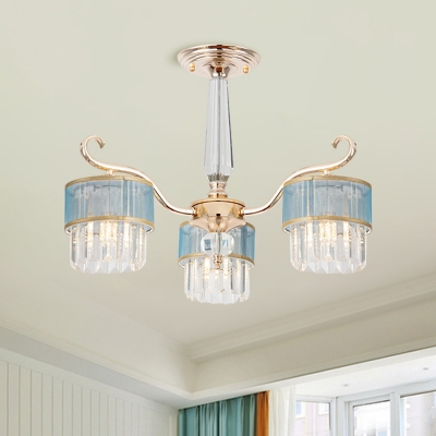 Modern 3 Bulbs Ceiling Chandelier Gold Cylinder Suspension Pendant with Tri-Sided Crystal Rod Shade