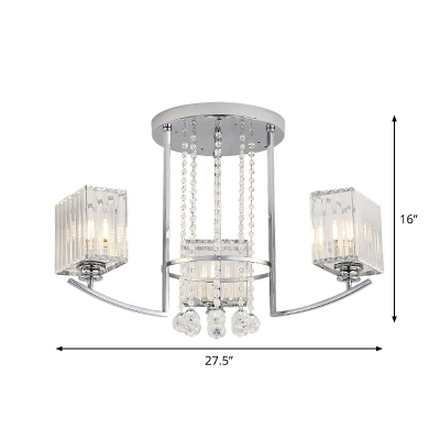 Modern 3 Heads Semi Flush Light Chrome Branching Ceiling Mount Chandelier with Square Crystal Shade