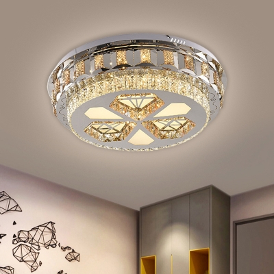 Modern Round Ceiling Flush Beveled Crystal LED Bedroom Flushmount with Diamond Design in Stainless-Steel